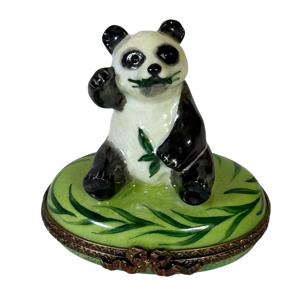 Authentic Limoges Box Panda Bear Cub Eating Bamboo Leaves France